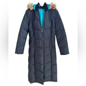 DKNY Active Quilted Long Puffer Hooded Coat in Black, Size XS